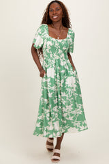 Green Floral Smocked Short Sleeve Midi Dress