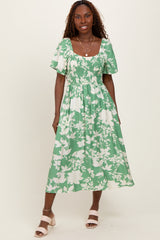 Green Floral Smocked Short Sleeve Midi Dress