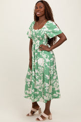 Green Floral Smocked Short Sleeve Midi Dress