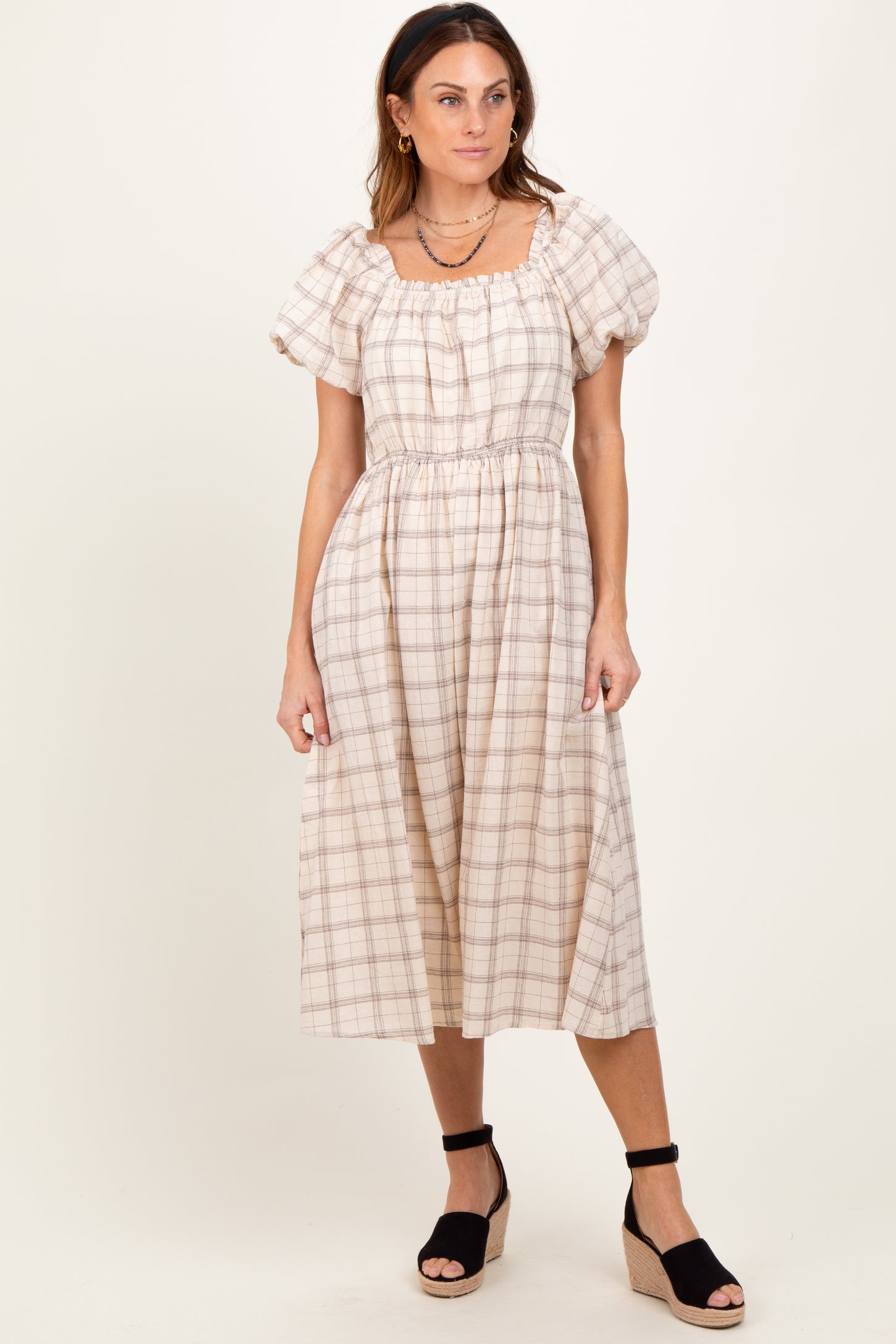 Ivory Plaid Square Neck Maternity Midi Dress