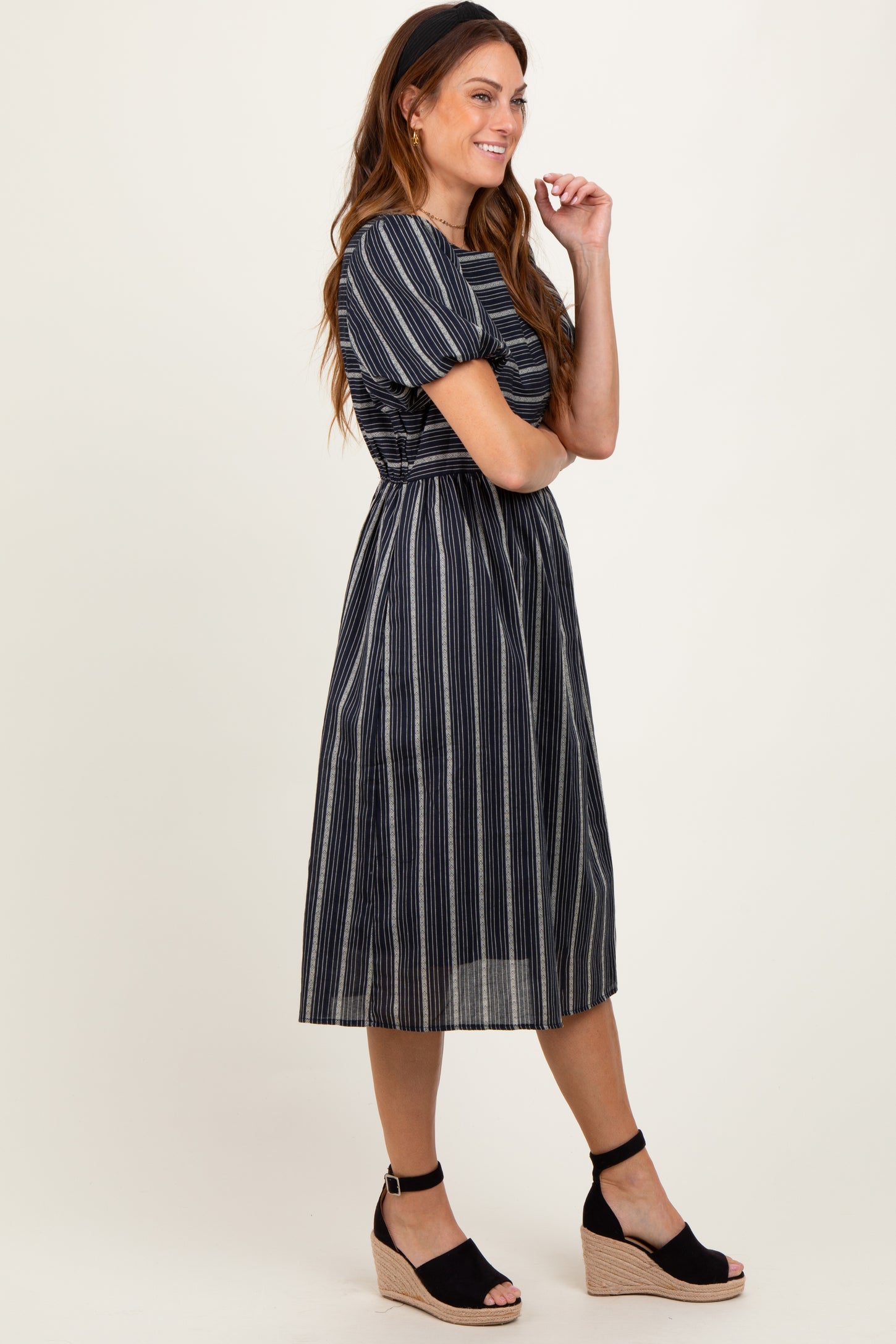Navy Blue Striped Short Sleeve Midi Dress