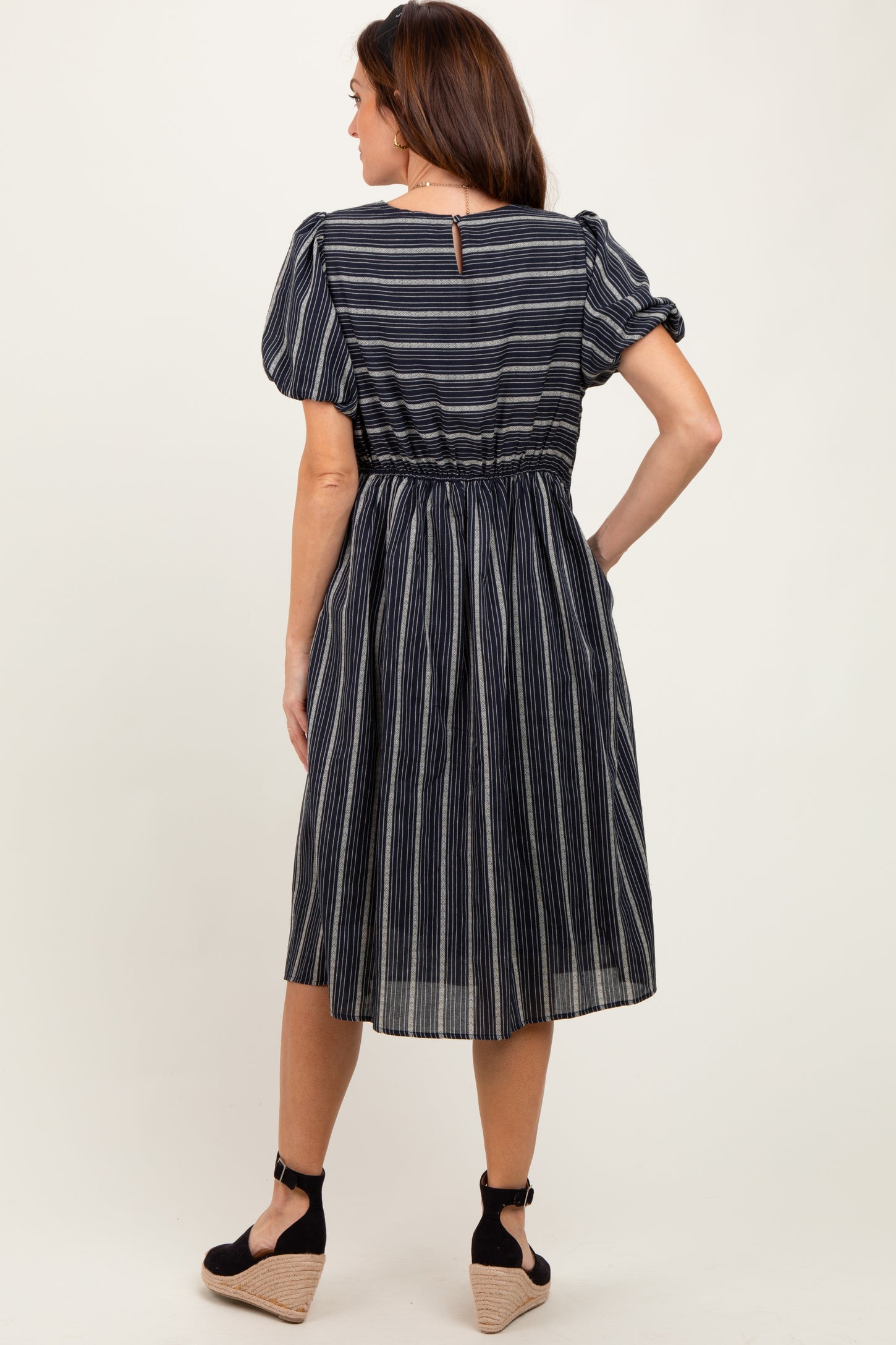 Navy Blue Striped Short Sleeve Midi Dress
