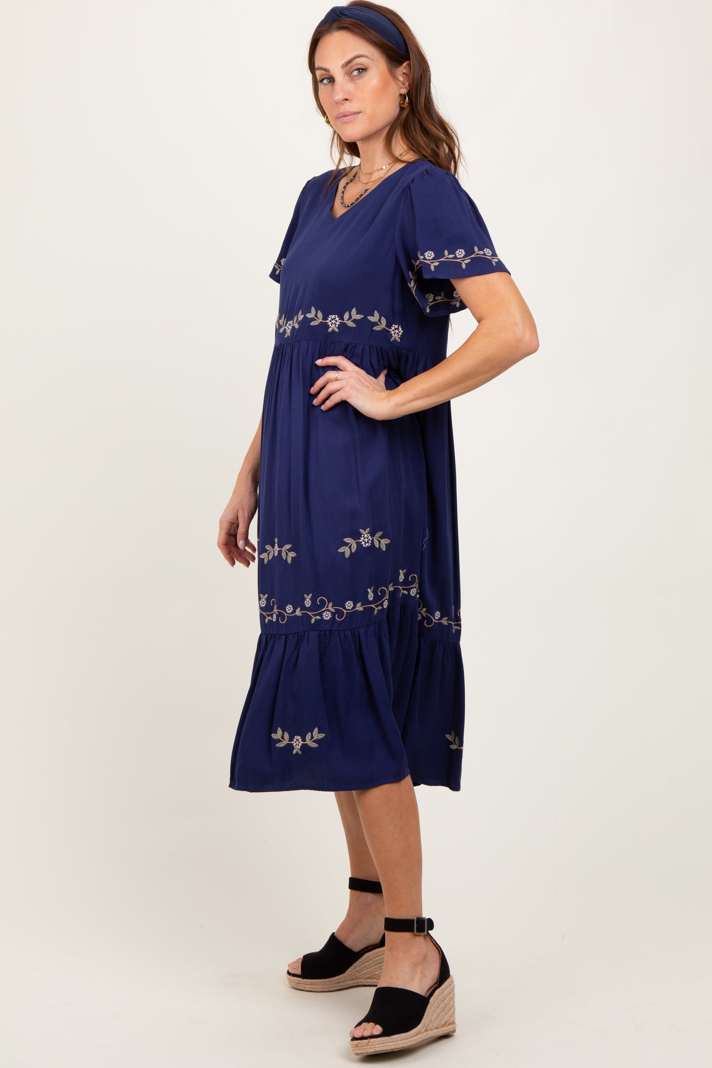 Navy Floral Lace Midi Dress