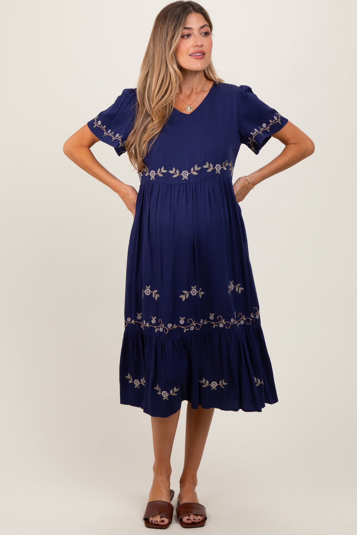 Navy Floral Lace Maternity Midi Dress
