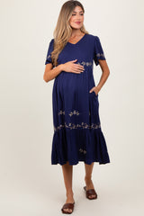 Navy Floral Lace Maternity Midi Dress