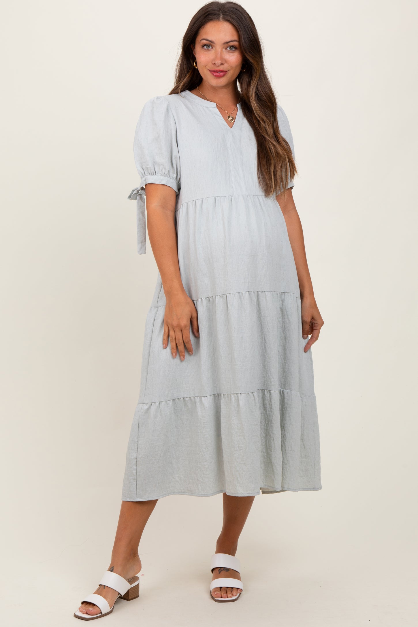 Light Blue Split V-Neck Sleeve Tie Tiered Maternity Midi Dress