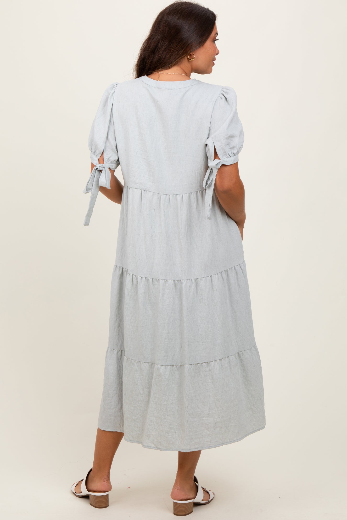 Light Blue Split V-Neck Sleeve Tie Tiered Maternity Midi Dress