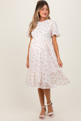 Ivory Floral Lace Ruffle Maternity Midi Dress