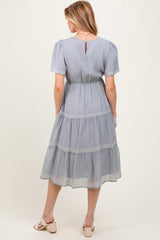 Light Blue Embroidered Tiered Maternity Midi Dress