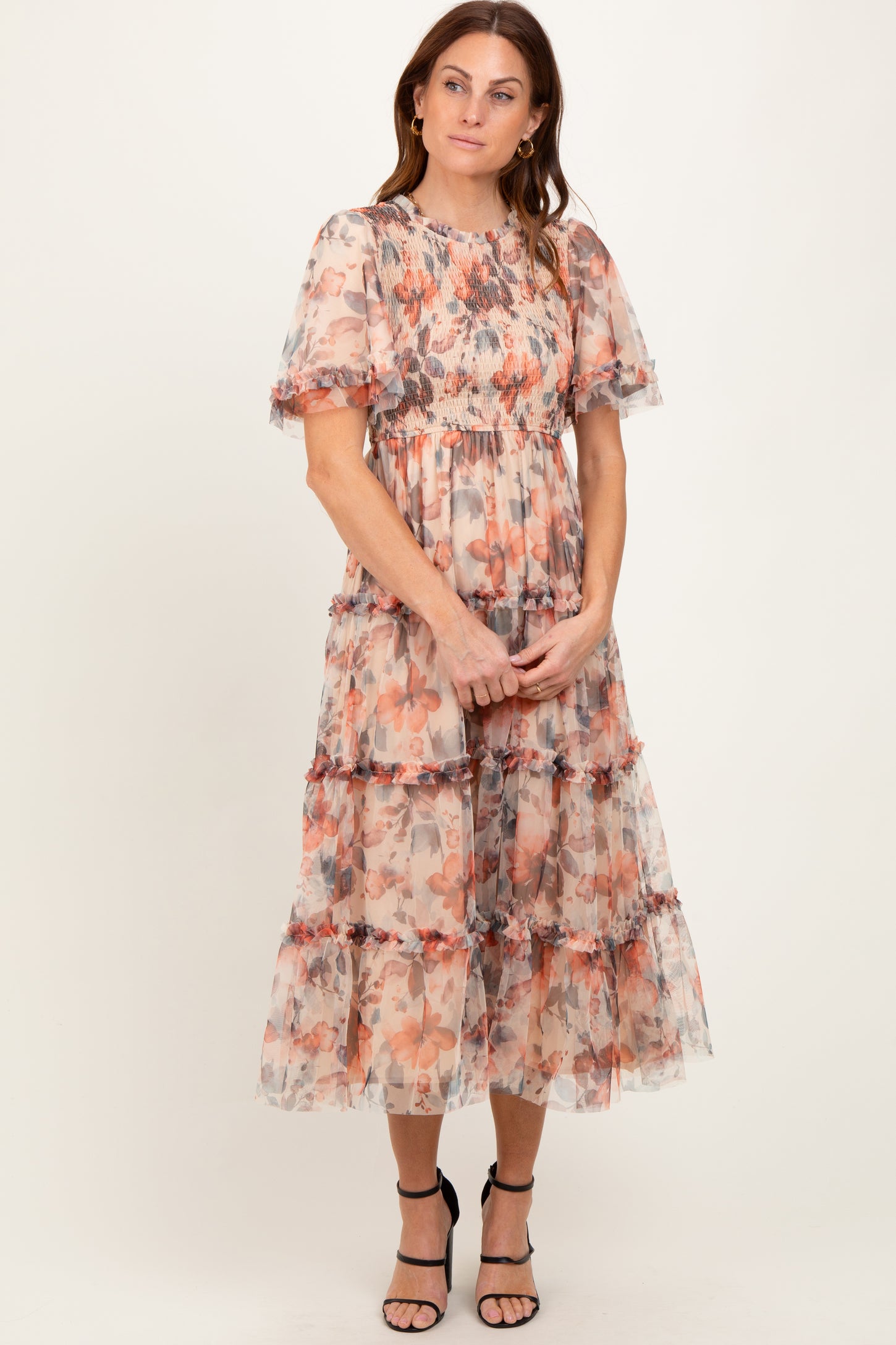 Peach Floral Mesh Smocked Midi Dress