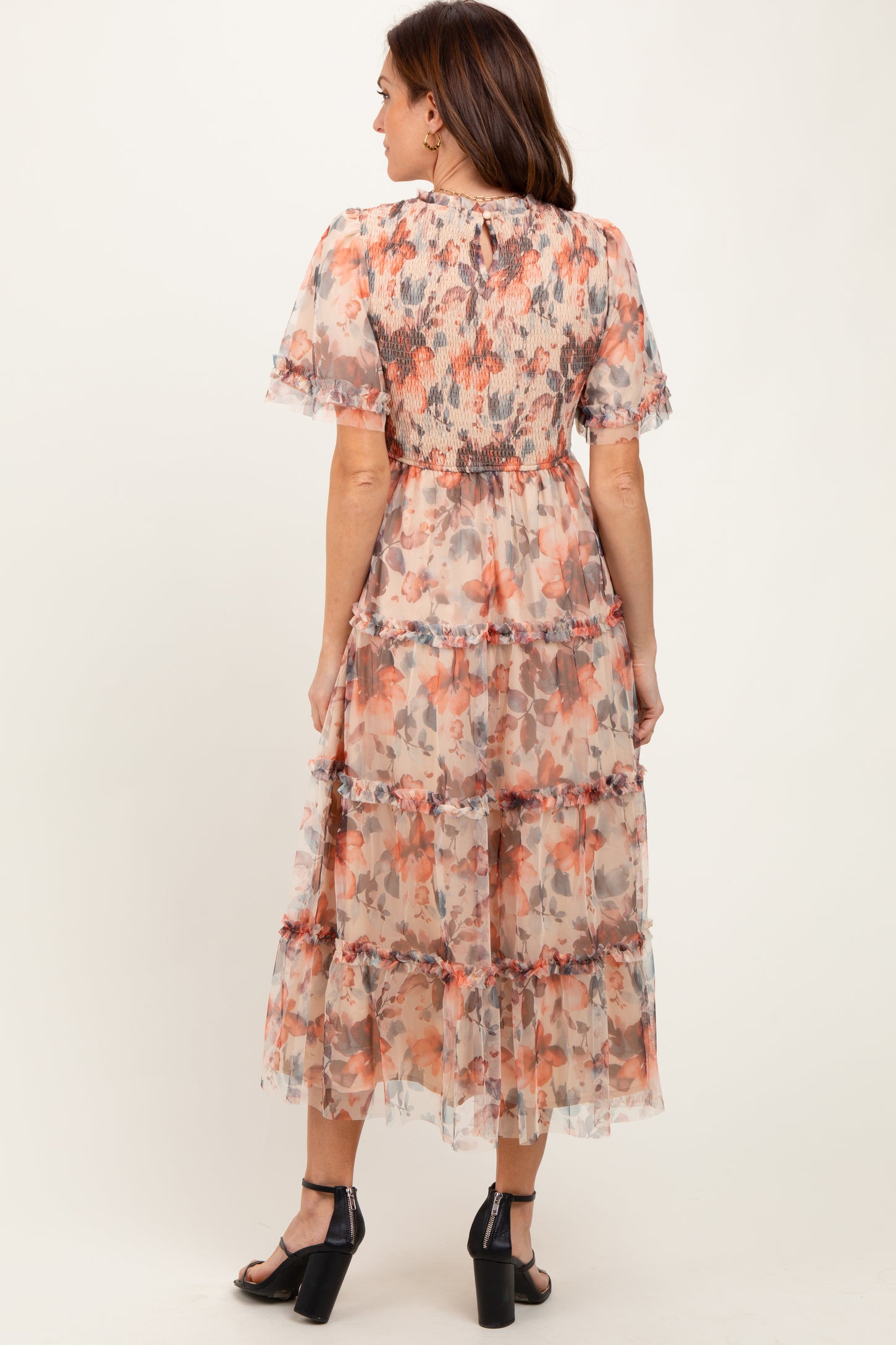 Peach Floral Mesh Smocked Midi Dress