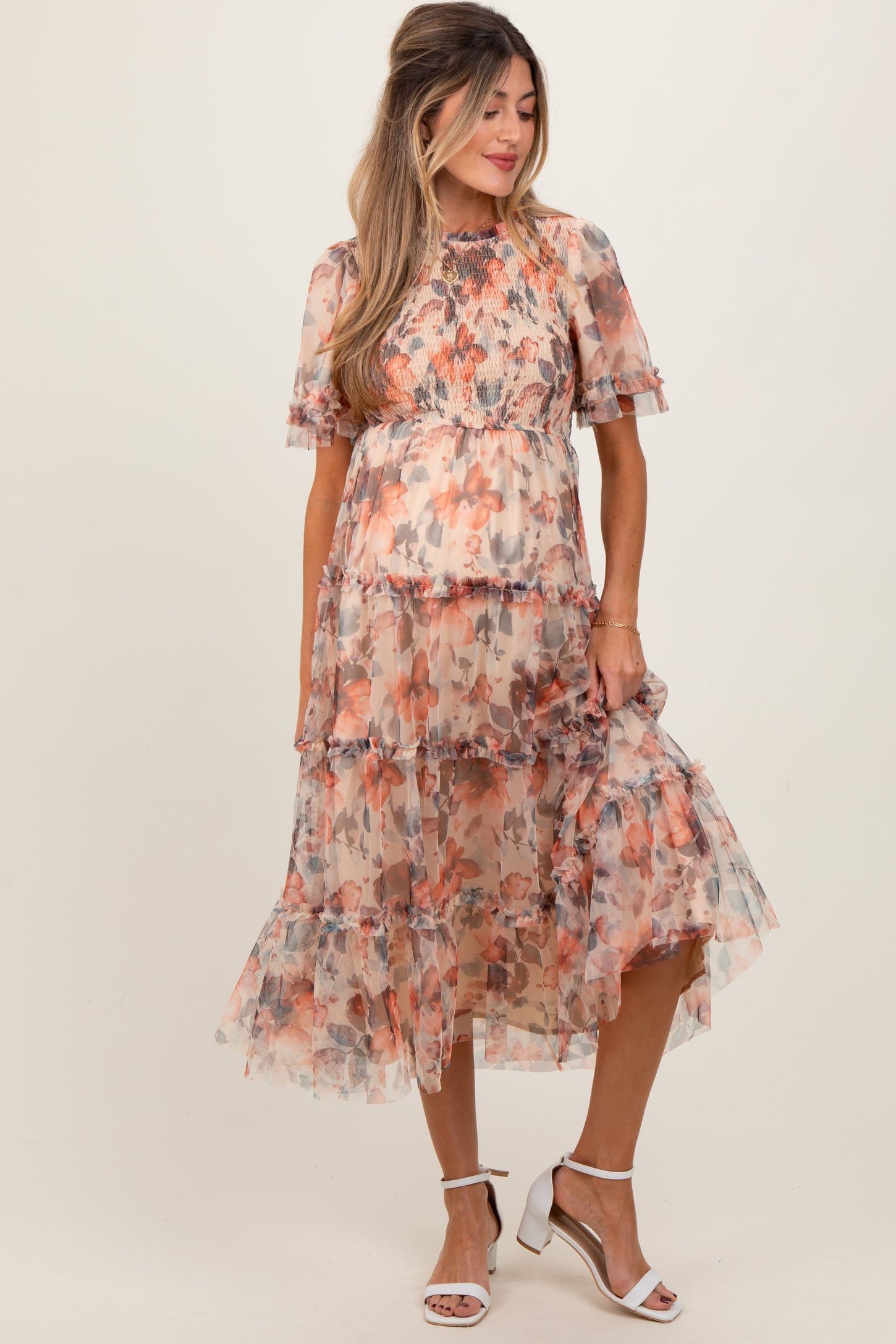 Peach Floral Mesh Smocked Maternity Midi Dress