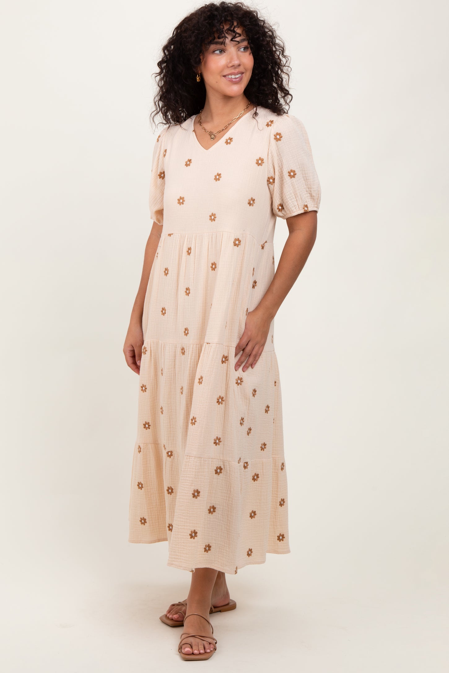 Cream Floral Embroidered Tiered Maternity Midi Dress