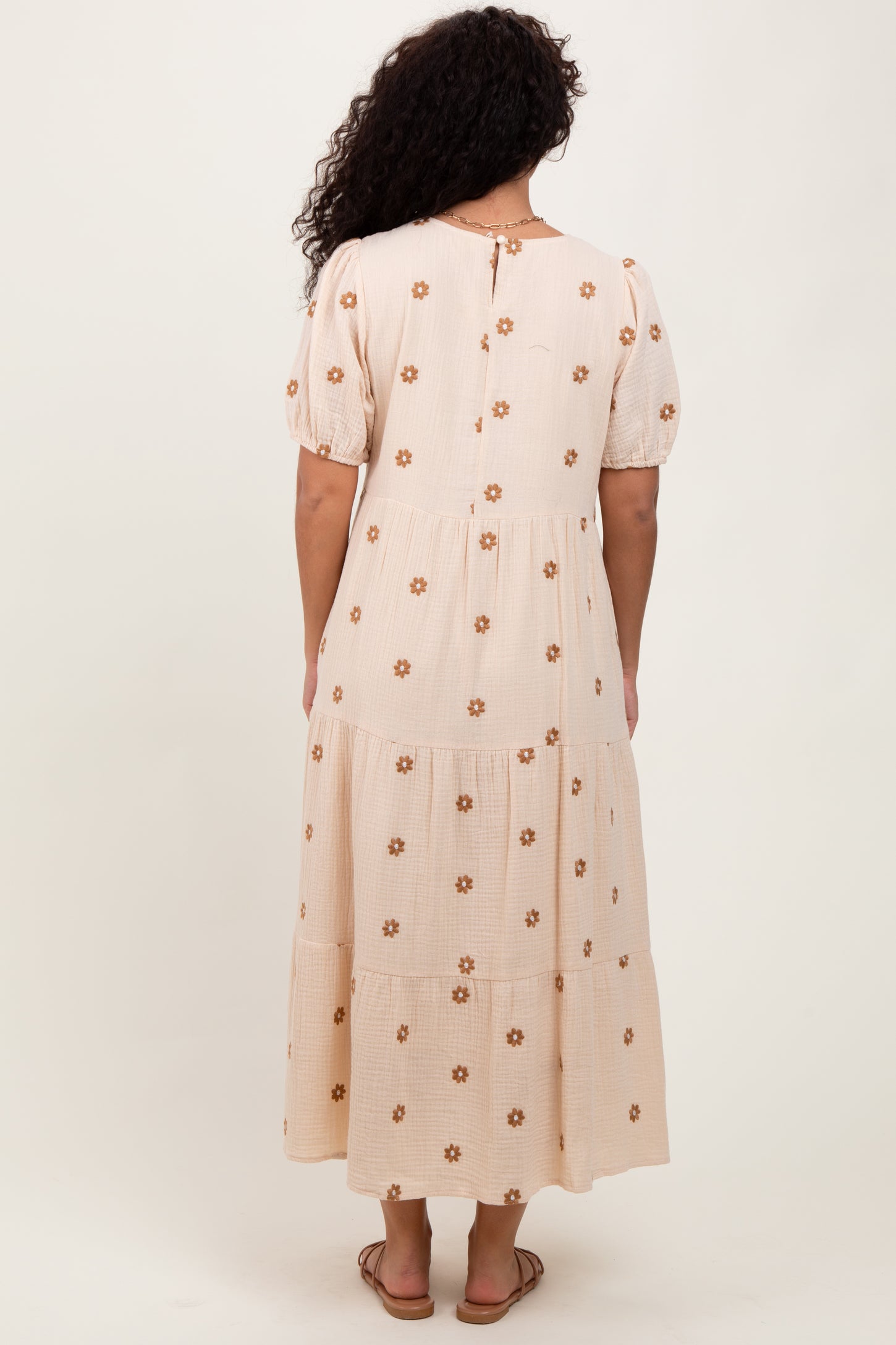 Cream Floral Embroidered Tiered Midi Dress