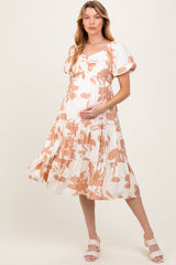 Ivory Floral Puff Sleeve Tiered Maternity Midi Dress