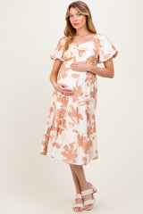 Ivory Floral Puff Sleeve Tiered Maternity Midi Dress