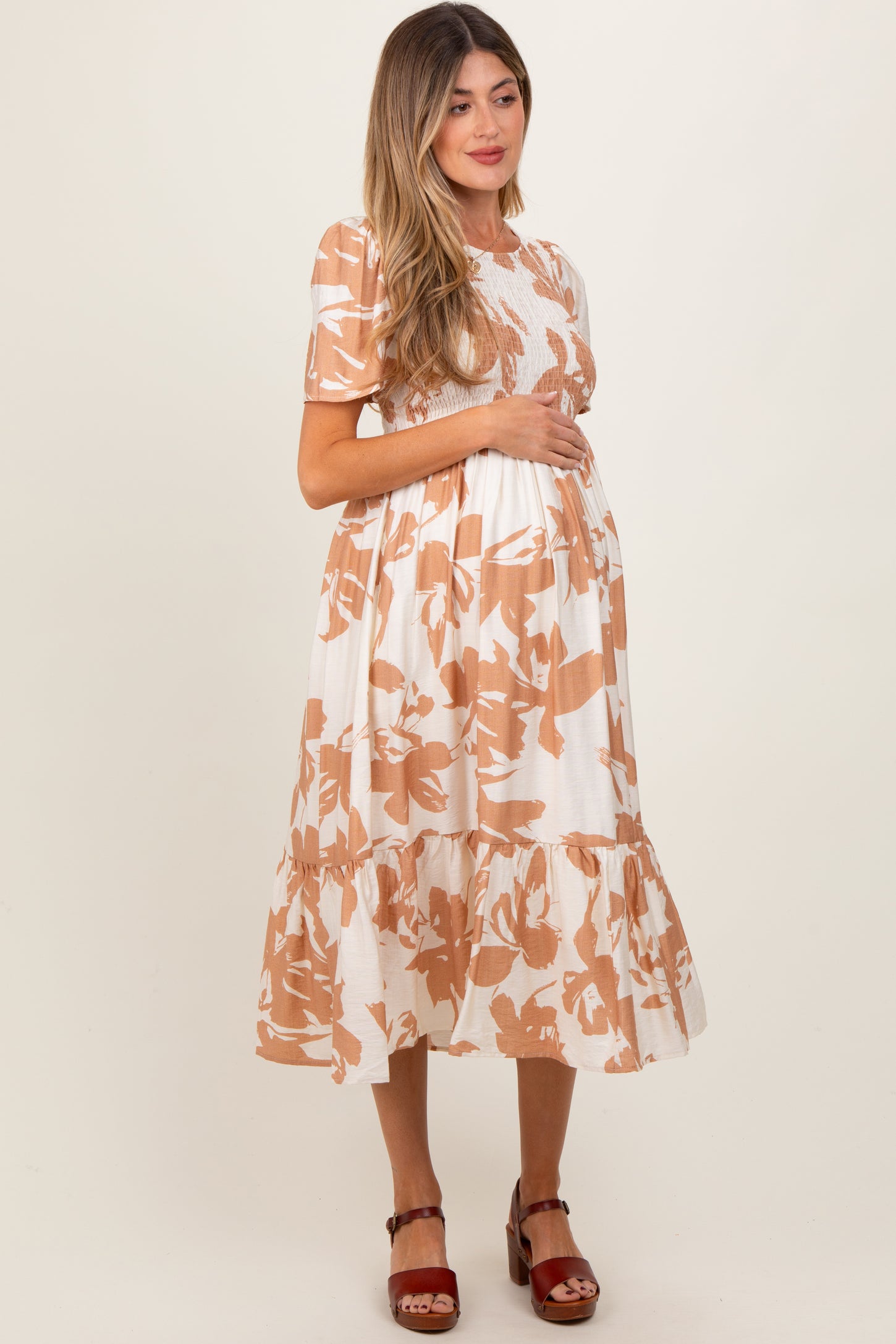 Cream Floral Smocked Short Sleeve Maternity Midi Dress