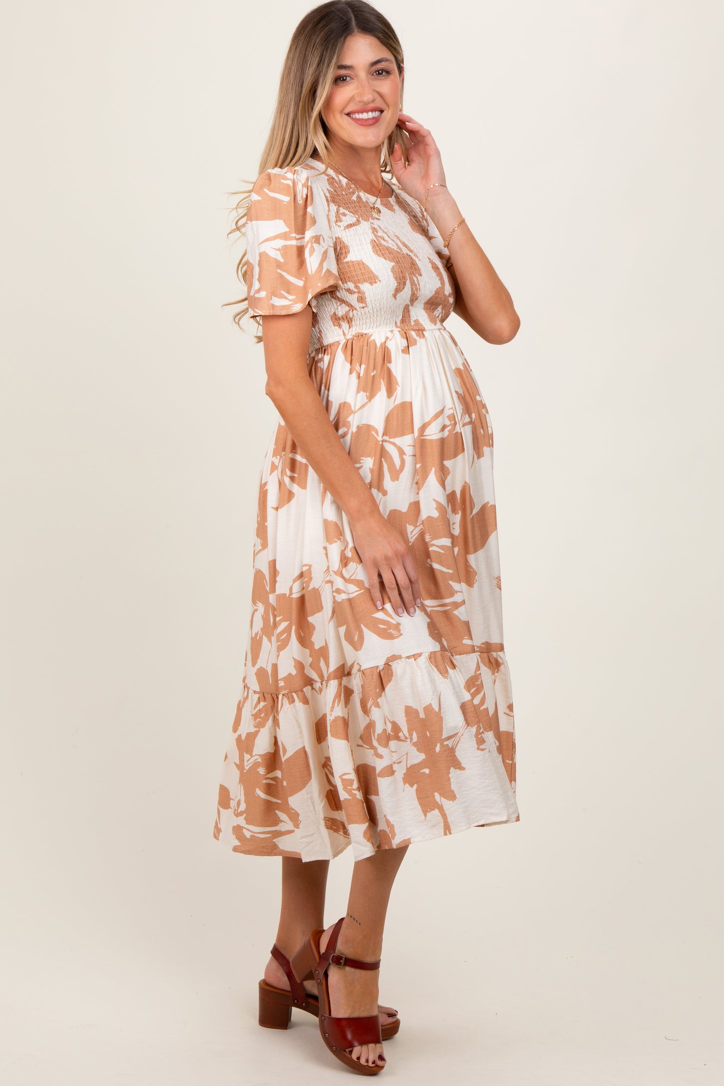 Cream Floral Smocked Short Sleeve Maternity Midi Dress