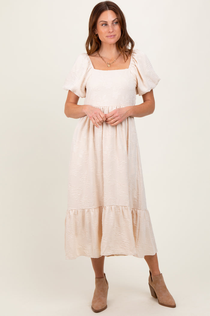 Cream Textured Square Neck Puff Sleeve Midi Dress