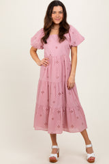 Pink Eyelet Square Neck Midi Dress