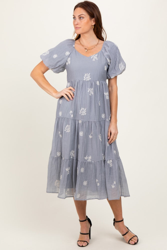 Light Blue Floral Embroidered Tiered Midi Dress