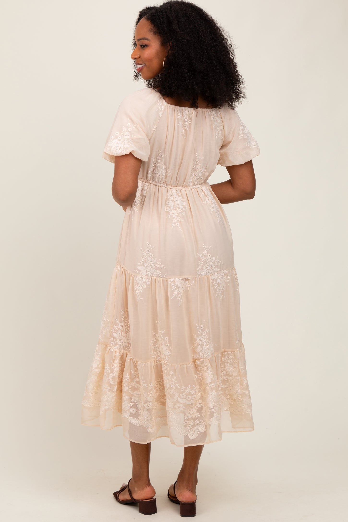 Beige Floral Embroidered Chiffon Midi Dress