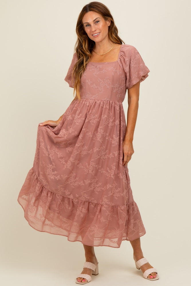 Mauve Embroidered Square Neck Midi Dress