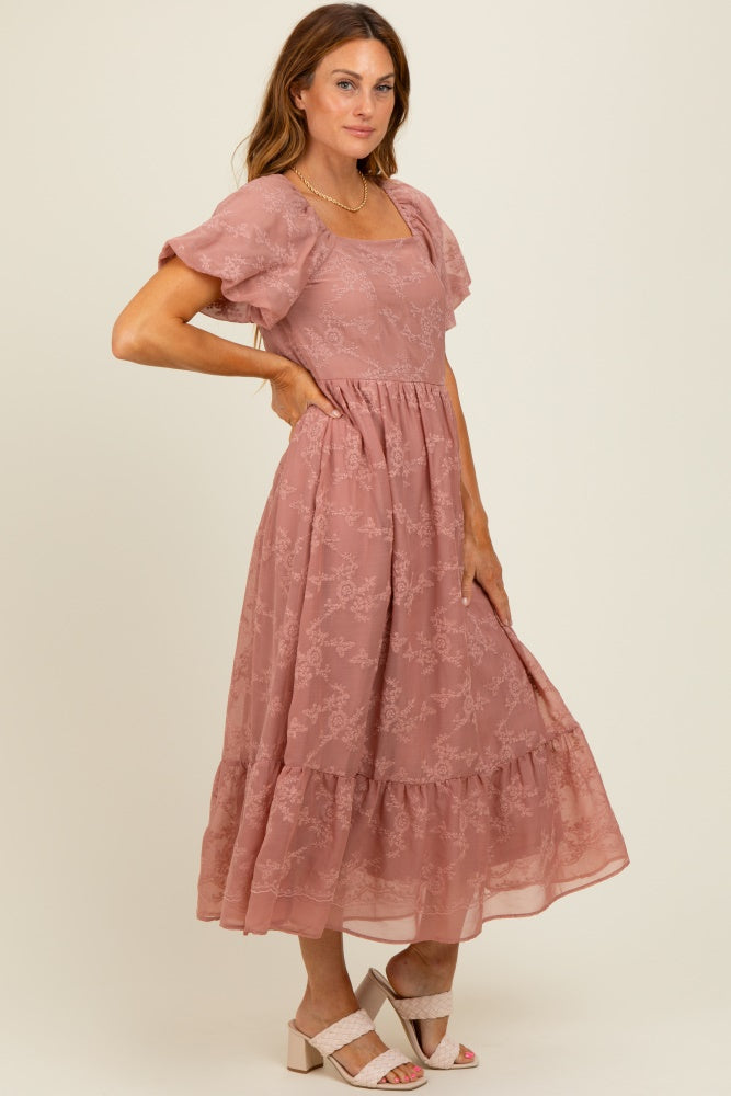 Mauve Embroidered Square Neck Midi Dress