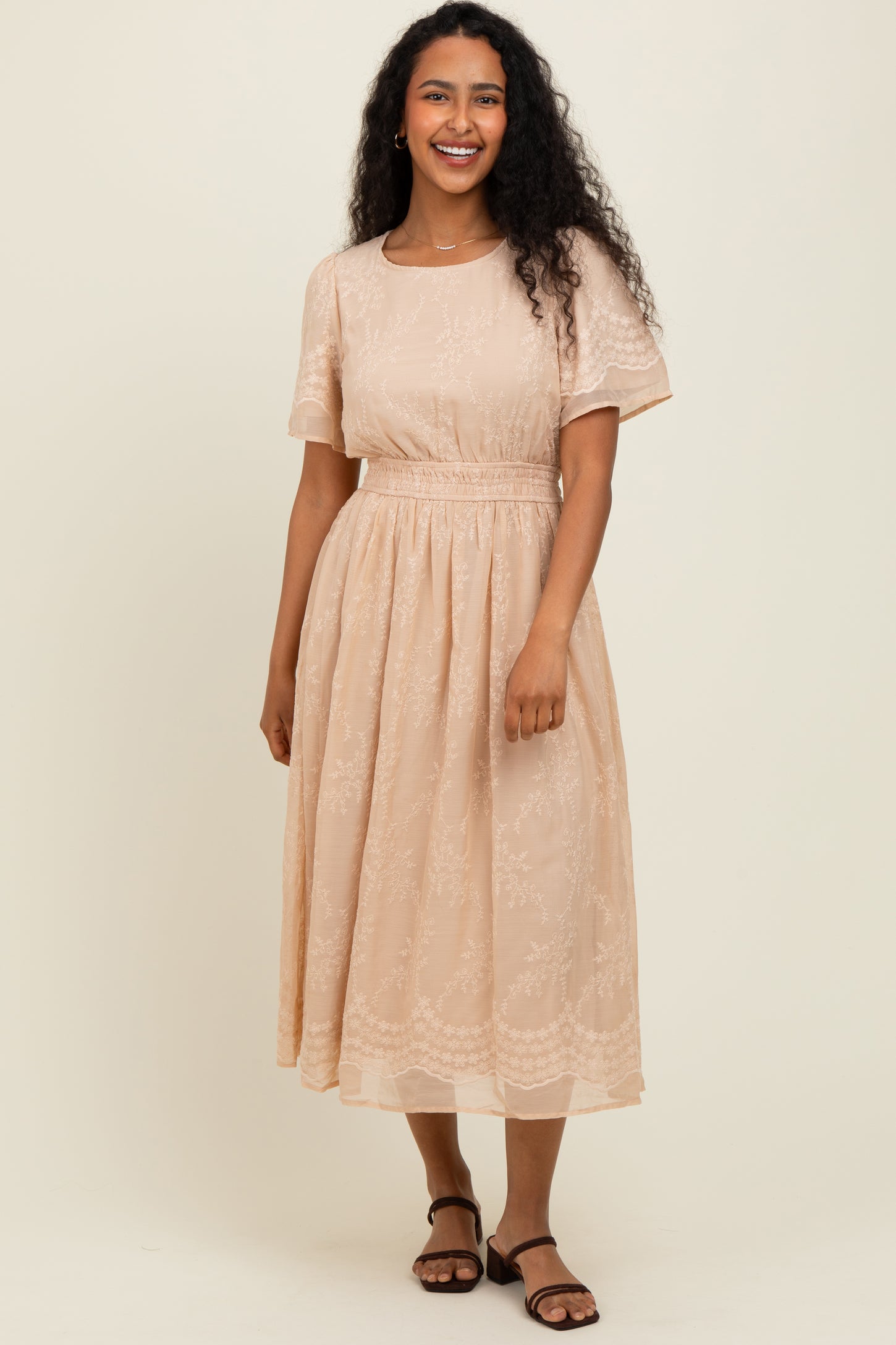 Beige Floral Embroidered Maternity Midi Dress