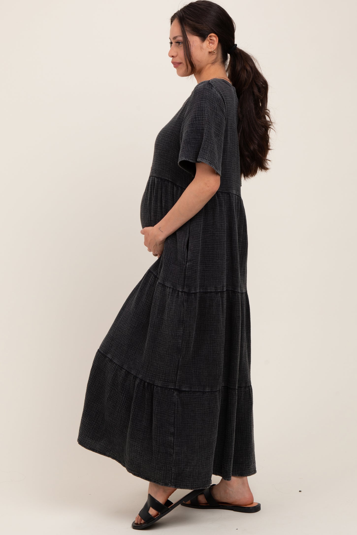 Black Button Front Tiered Maternity Maxi Dress