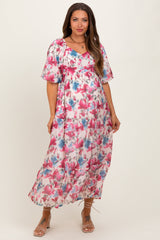 Pink Floral Tiered Puff Sleeve Maternity Midi Dress