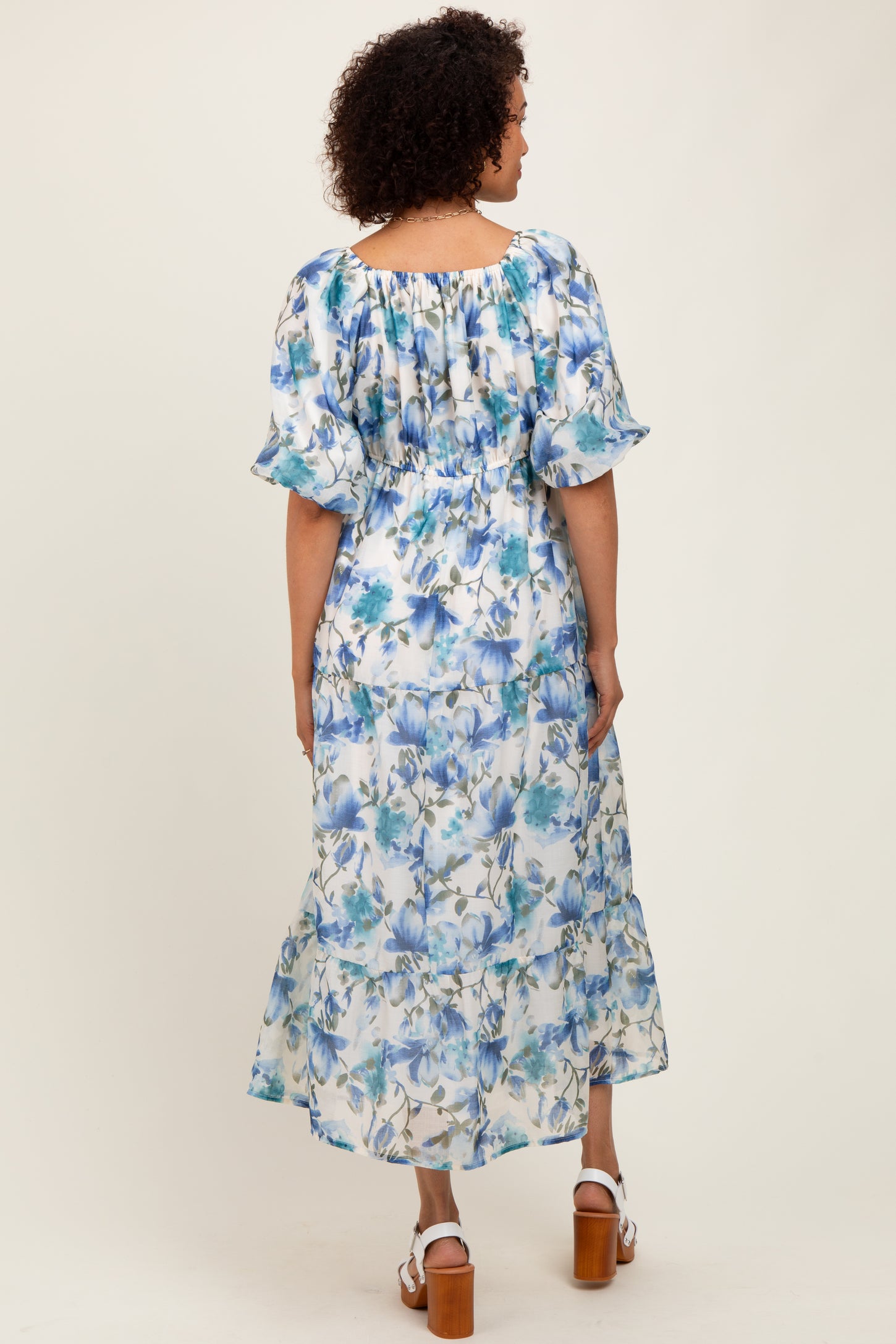 Blue Floral Tiered Puff Sleeve Midi Dress