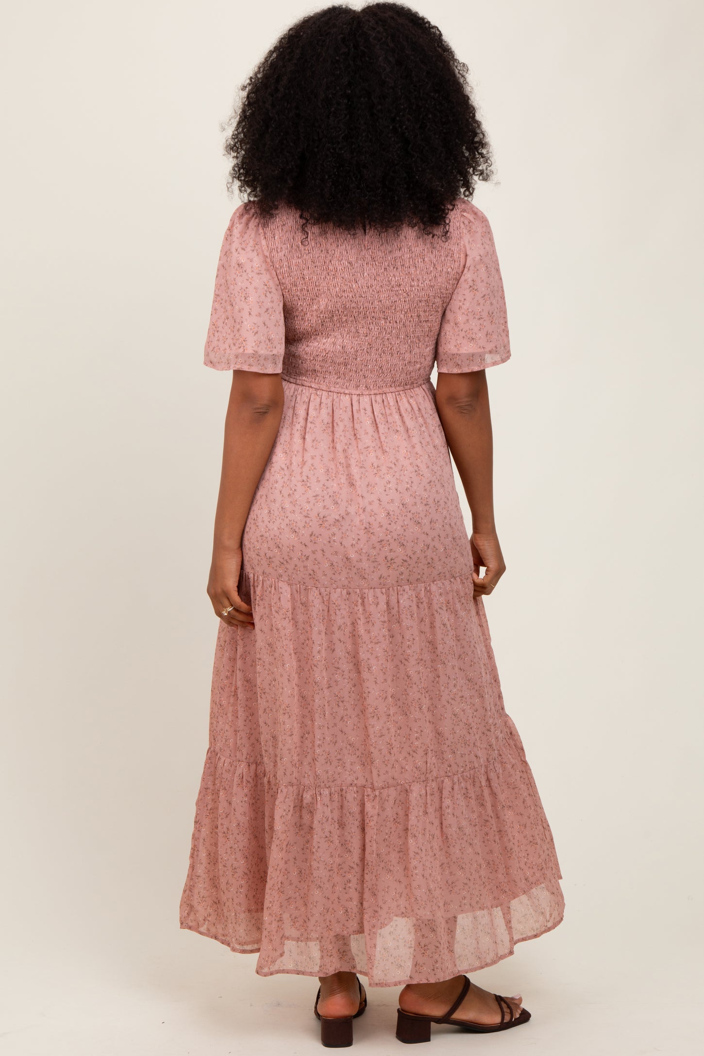 Mauve Floral Smocked Tiered Midi Dress