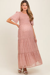 Mauve Floral Smocked Tiered Maternity Midi Dress