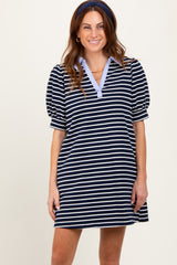 Navy Striped Collared Puff Sleeve Maternity Dress