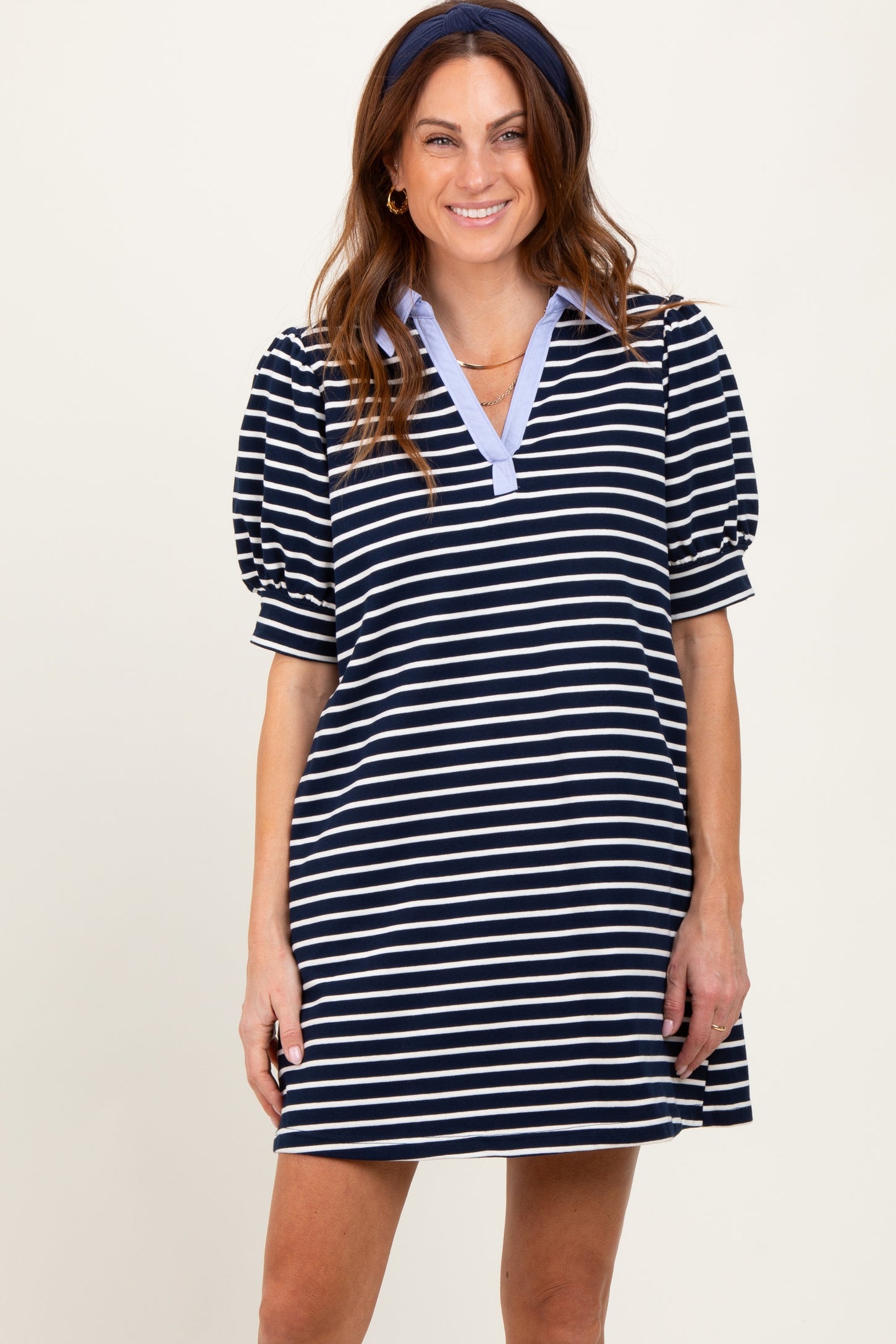 Navy Striped Collared Puff Sleeve Dress