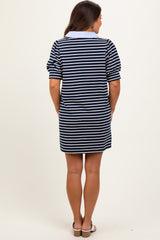 Navy Striped Collared Puff Sleeve Maternity Dress