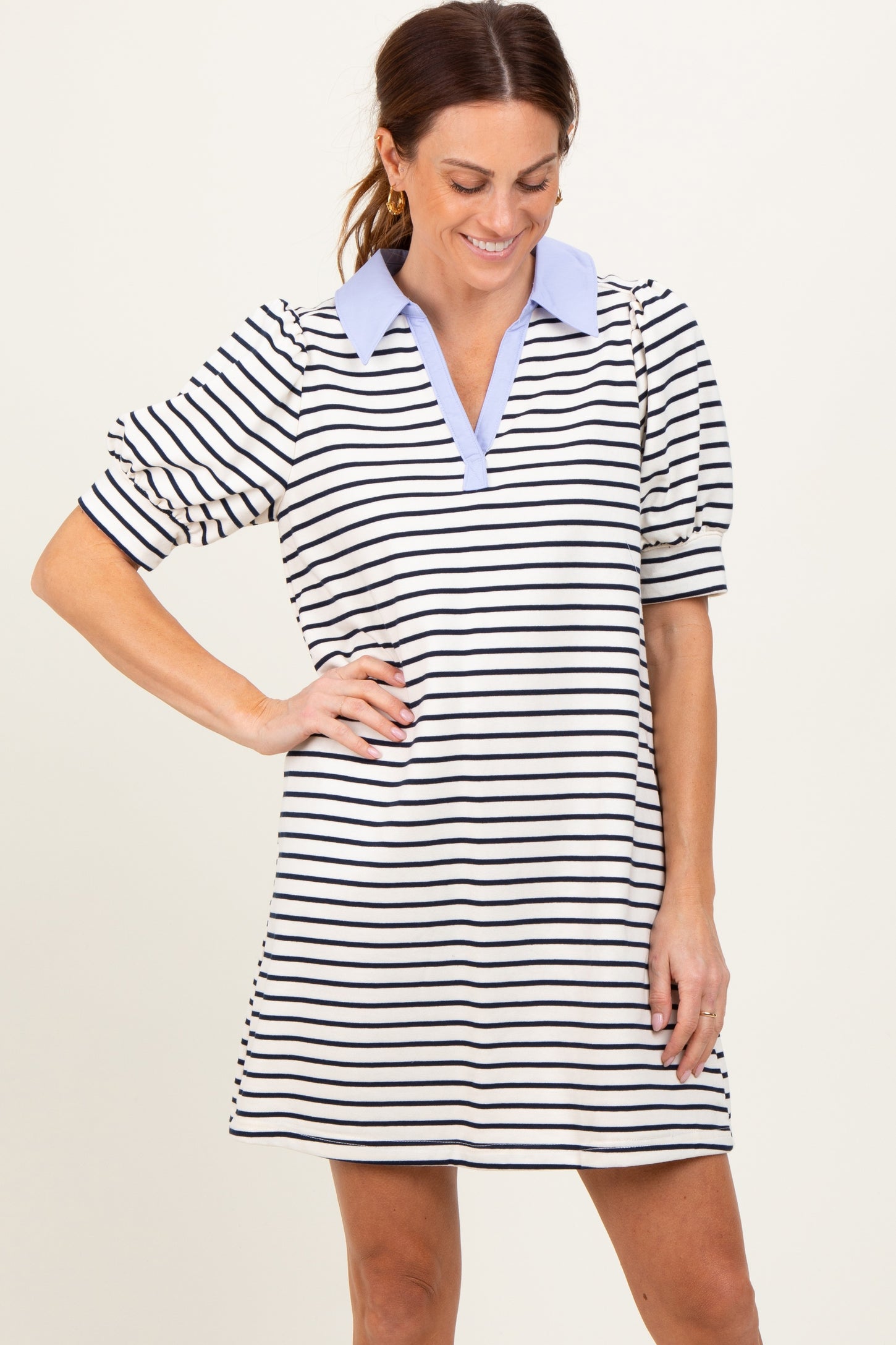 White Striped Collared Puff Sleeve Maternity Dress