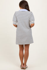 White Striped Collared Puff Sleeve Maternity Dress