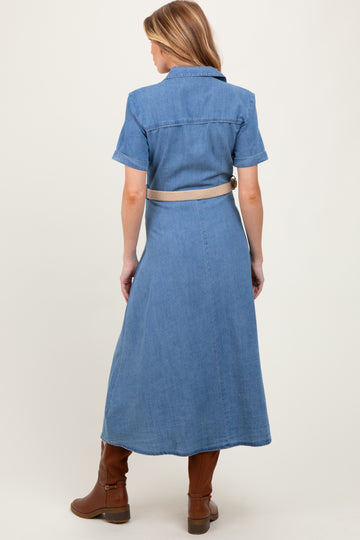 Blue Chambray Button Down Maternity Midi Shirt Dress