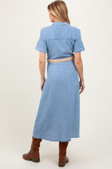 Light Blue Chambray Button Down Maternity Midi Shirt Dress