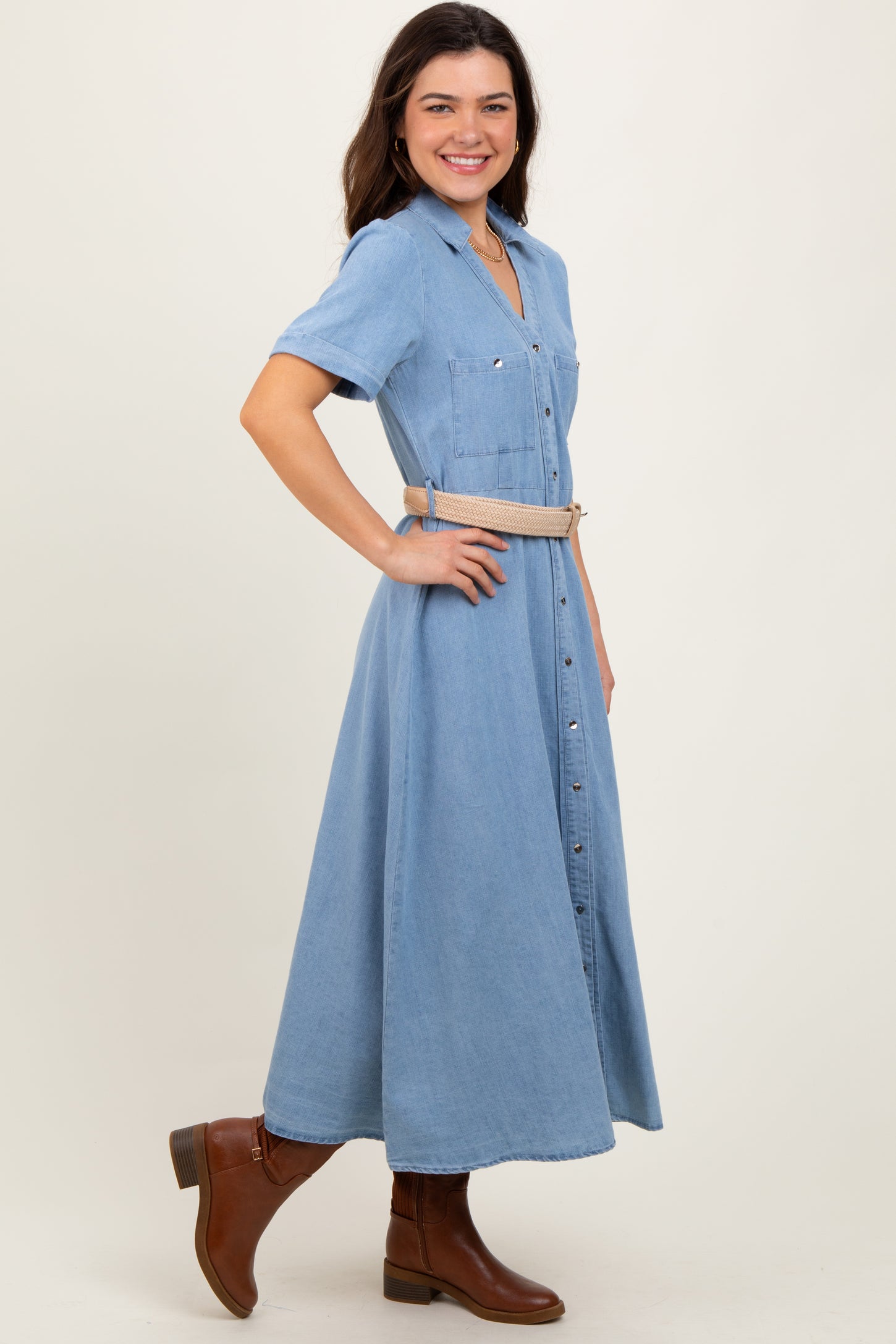 Light Blue Chambray Button Down Midi Shirt Dress
