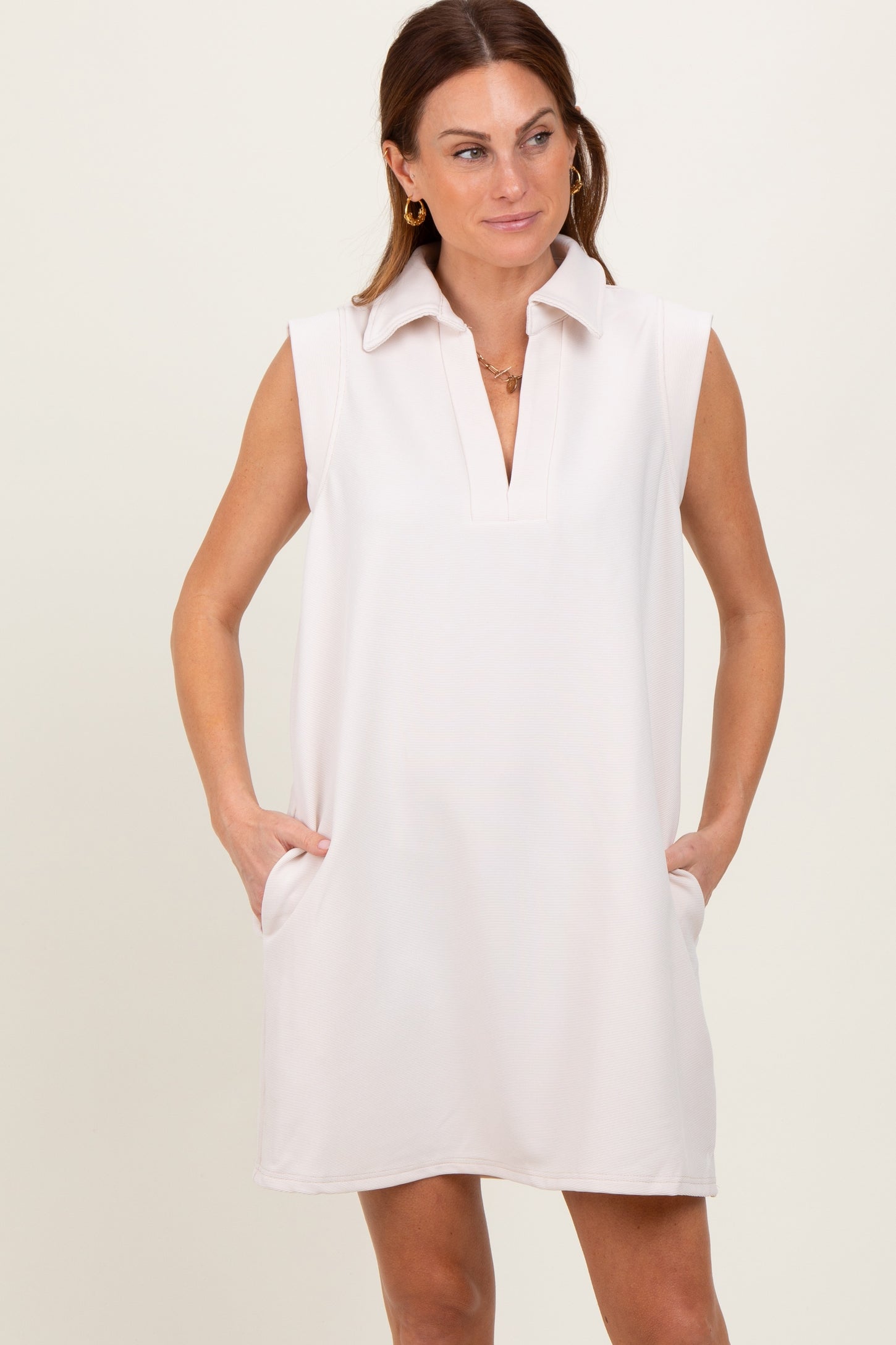 Cream Sleeveless Polo Maternity Mini Dress