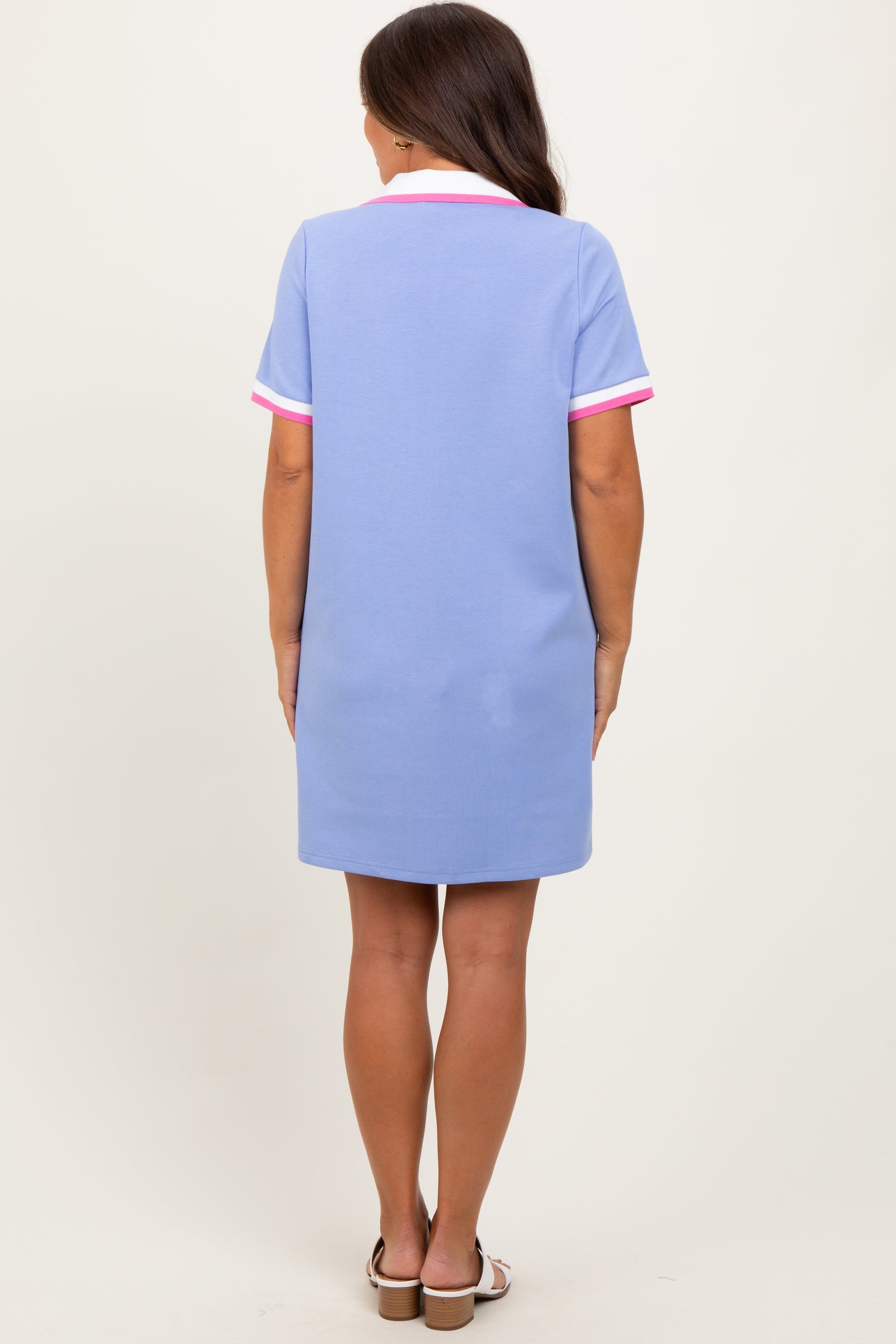 Blue Contrast Trim Maternity Mini Polo Dress