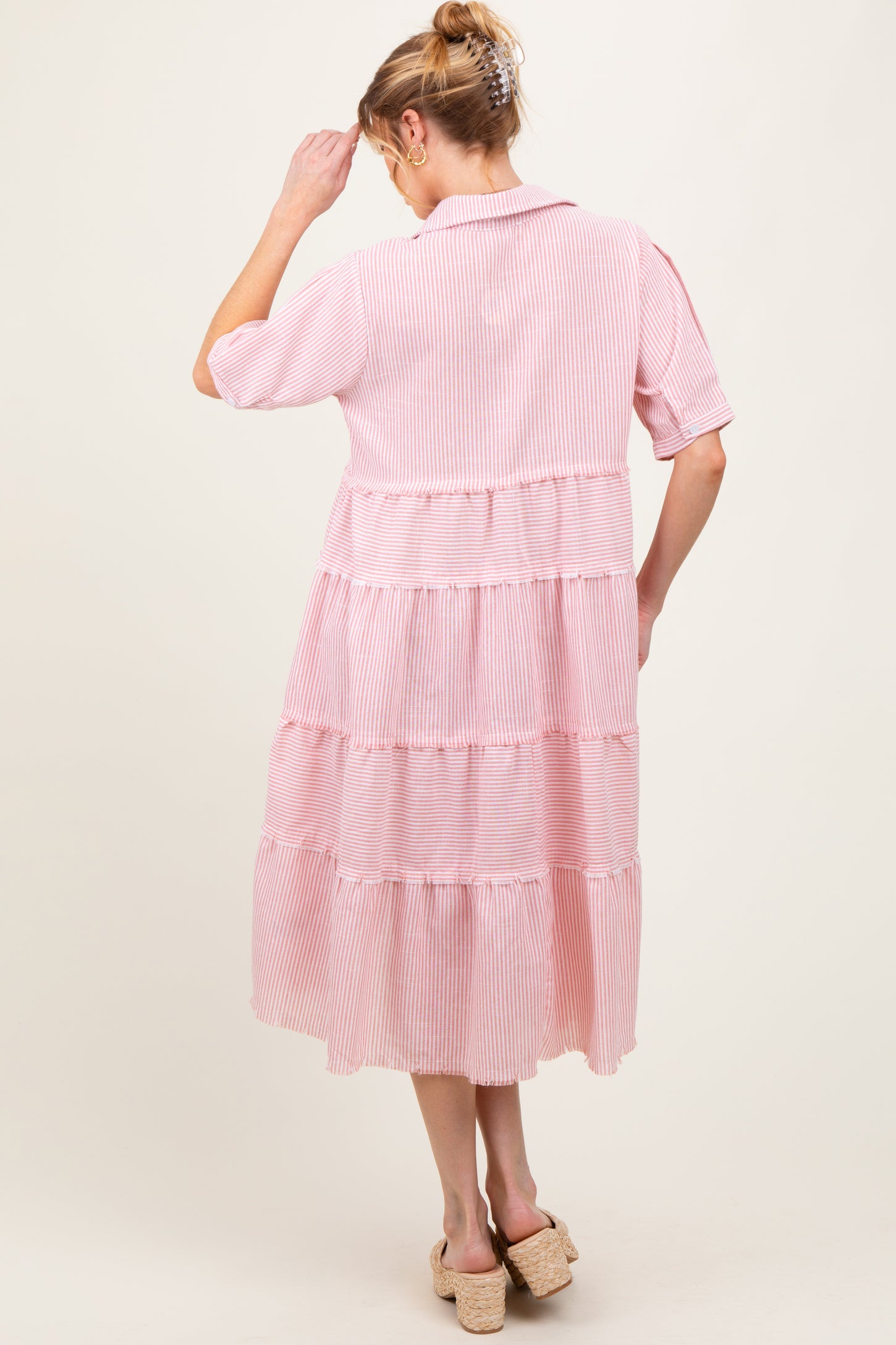 Pink Striped Tiered Raw Hem Maternity Midi Dress