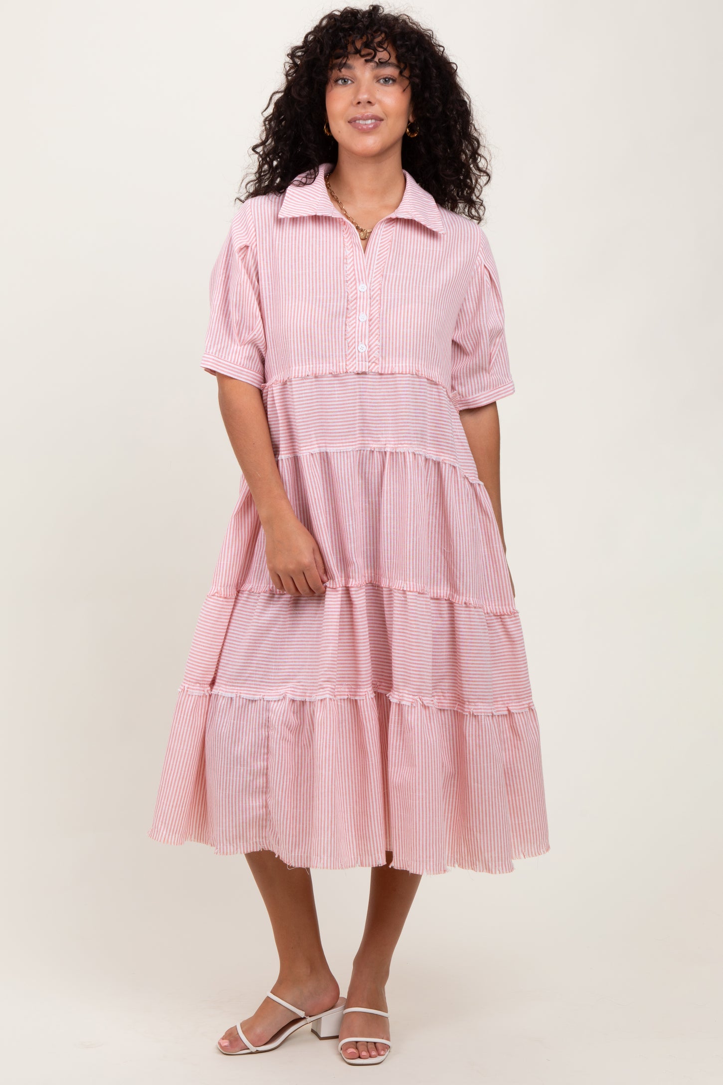 Pink Striped Tiered Raw Hem Maternity Midi Dress