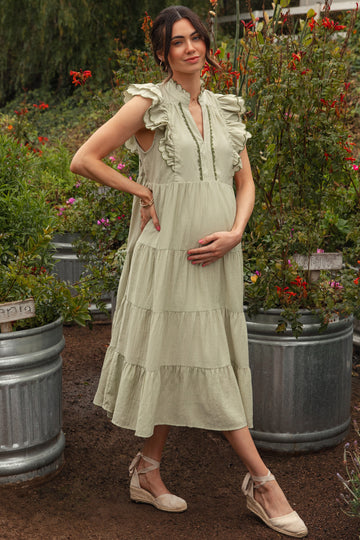 Light Olive Scallop Detail Tiered Maternity Midi Dress