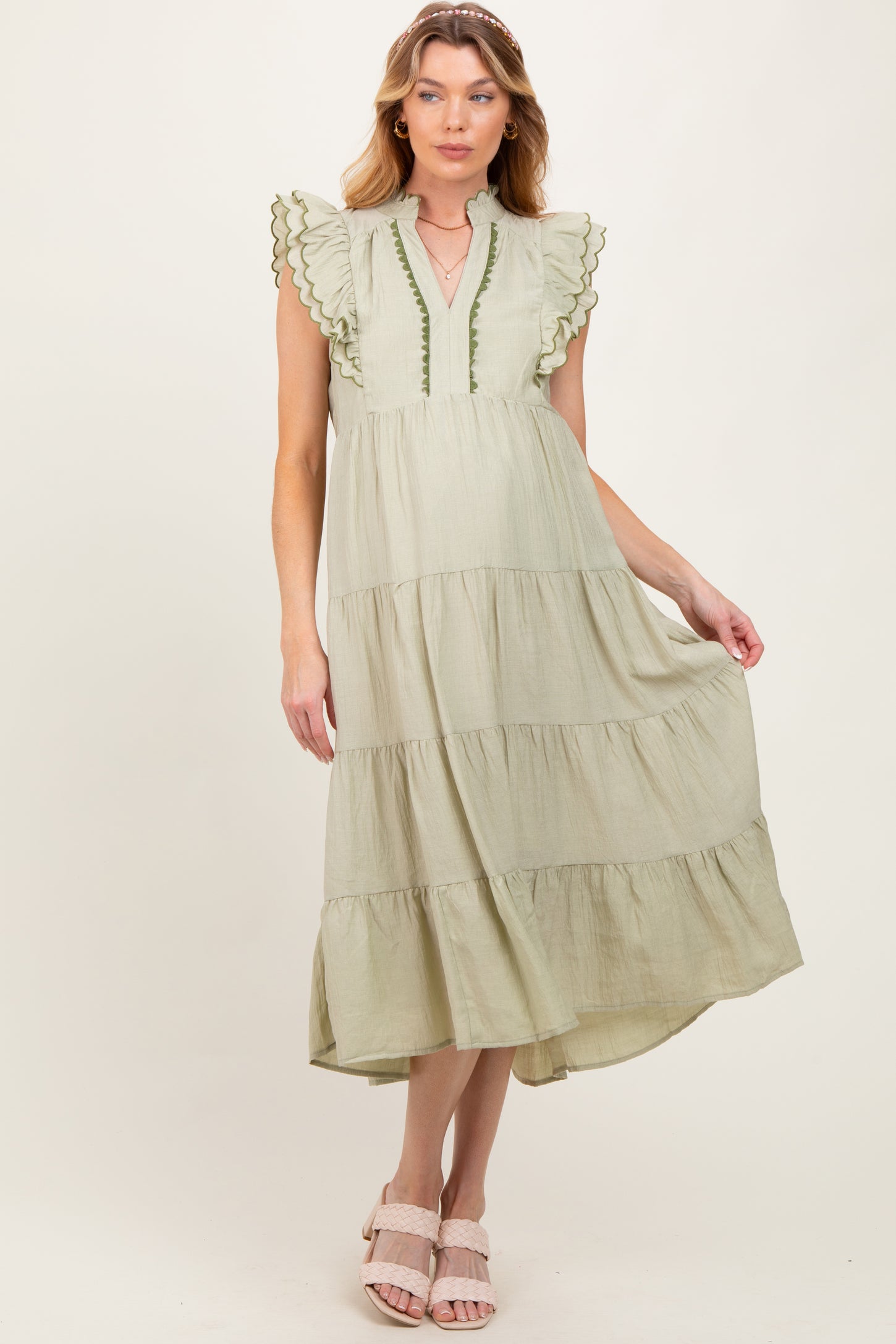 Light Olive Scallop Detail Tiered Maternity Midi Dress