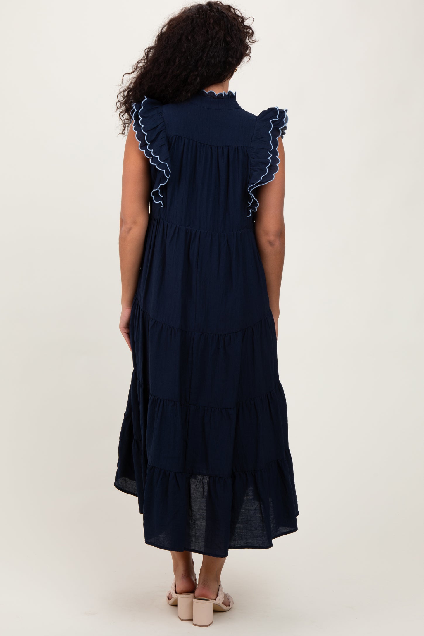 Navy Scallop Detail Tiered Midi Dress