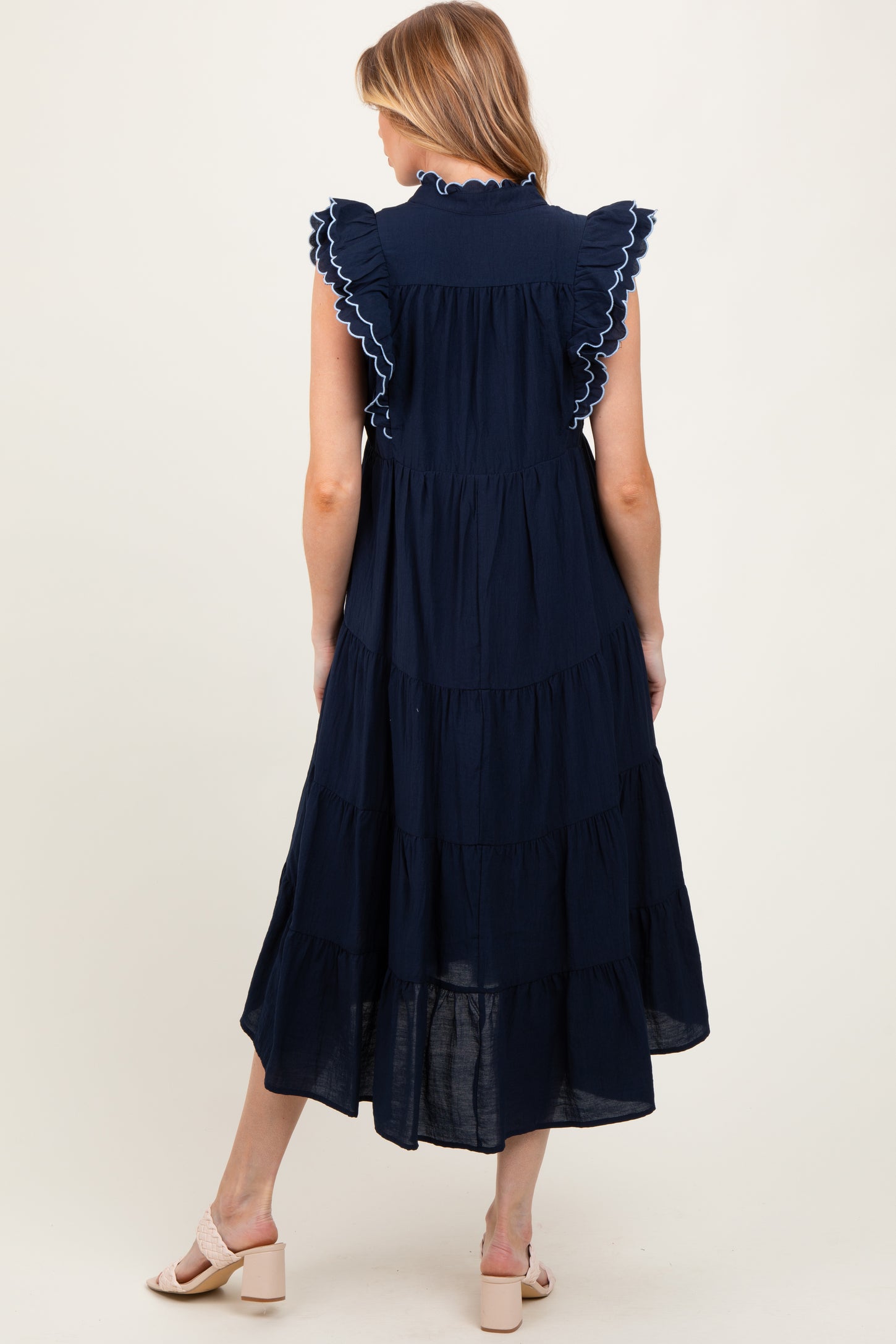 Navy Scallop Detail Tiered Maternity Midi Dress